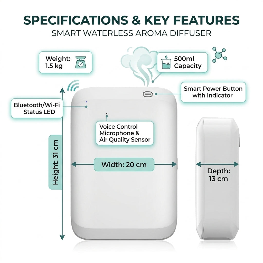 Smart Waterless Aroma Diffuser – 500ml, App-Controlled, 40dB Quiet | GadgetGurus