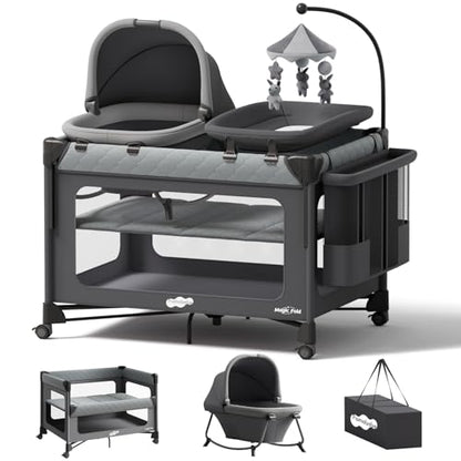 Pamo Babe Pack and Play with Bassinet - 7 in 1 One-Step Setup Bedside Crib, Portable Playpen, Travel Crib, Baby Playard with Diaper Changing Station, Toy Bar & Large Storage Bag
