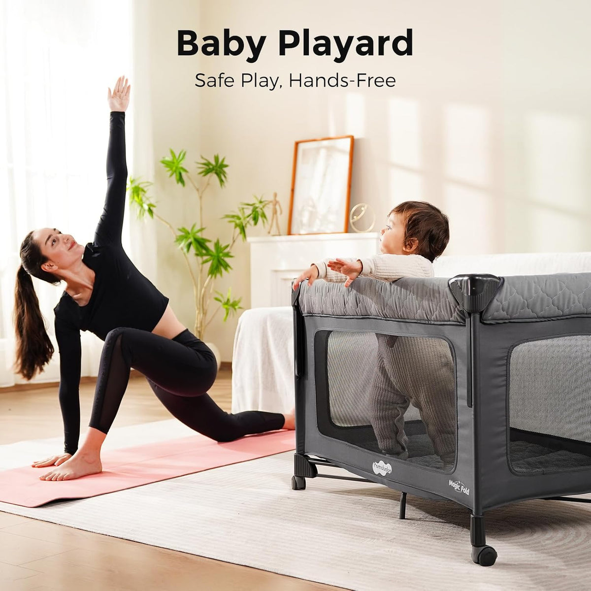 Pamo Babe Pack and Play with Bassinet - 7 in 1 One-Step Setup Bedside Crib, Portable Playpen, Travel Crib, Baby Playard with Diaper Changing Station, Toy Bar & Large Storage Bag