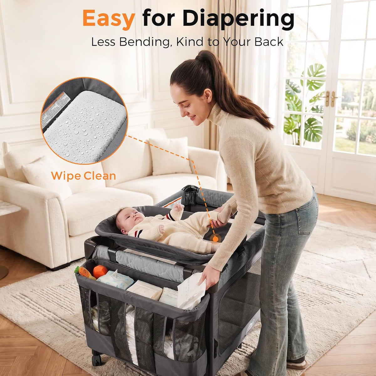 Pamo Babe Pack and Play with Bassinet - 7 in 1 One-Step Setup Bedside Crib, Portable Playpen, Travel Crib, Baby Playard with Diaper Changing Station, Toy Bar & Large Storage Bag