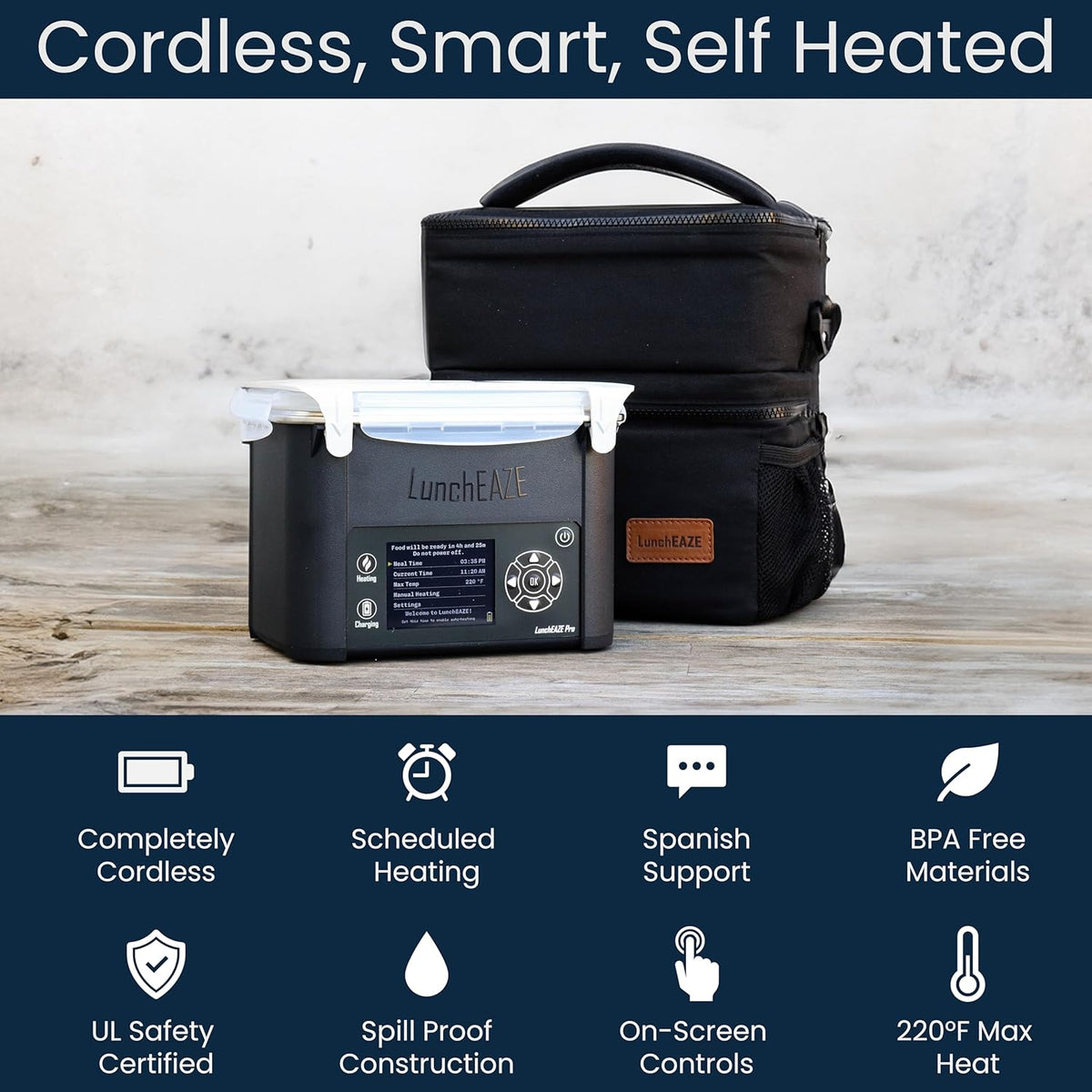 Luncheaze Pro Cordless Heated Electric Lunch Box, Self-Heating, 4-Cup