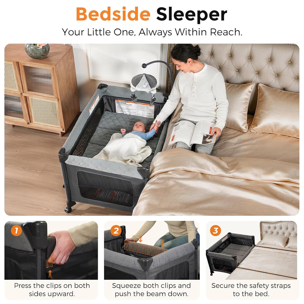 Pamo Babe Pack and Play with Bassinet - 7 in 1 One-Step Setup Bedside Crib, Portable Playpen, Travel Crib, Baby Playard with Diaper Changing Station, Toy Bar & Large Storage Bag