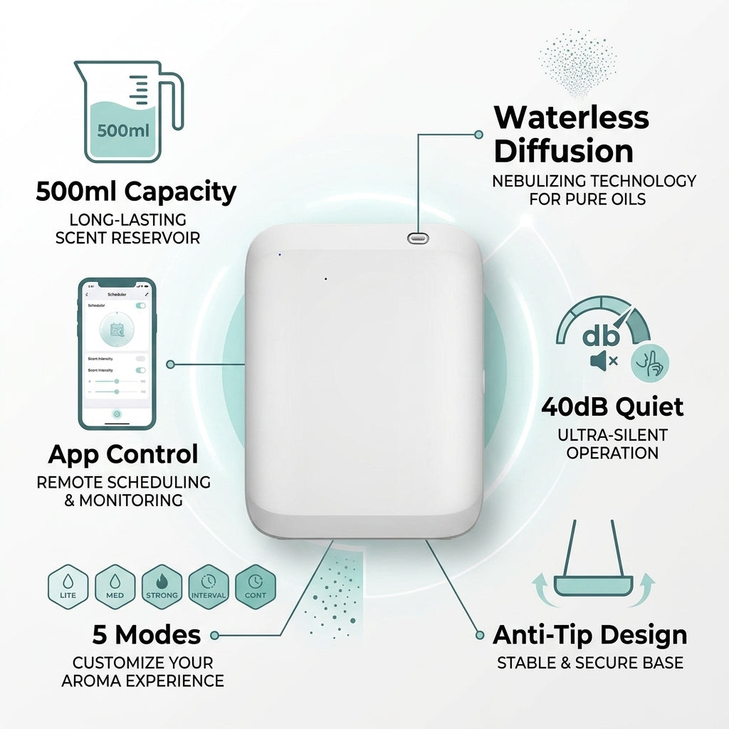 Smart Waterless Aroma Diffuser – 500ml, App-Controlled, 40dB Quiet | GadgetGurus